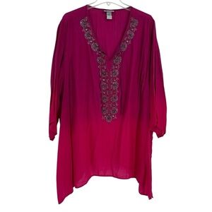 Catherines Ombre Pink Beaded Top Size 3X Tie Neck 3/4 Sleeve Women’s *READ